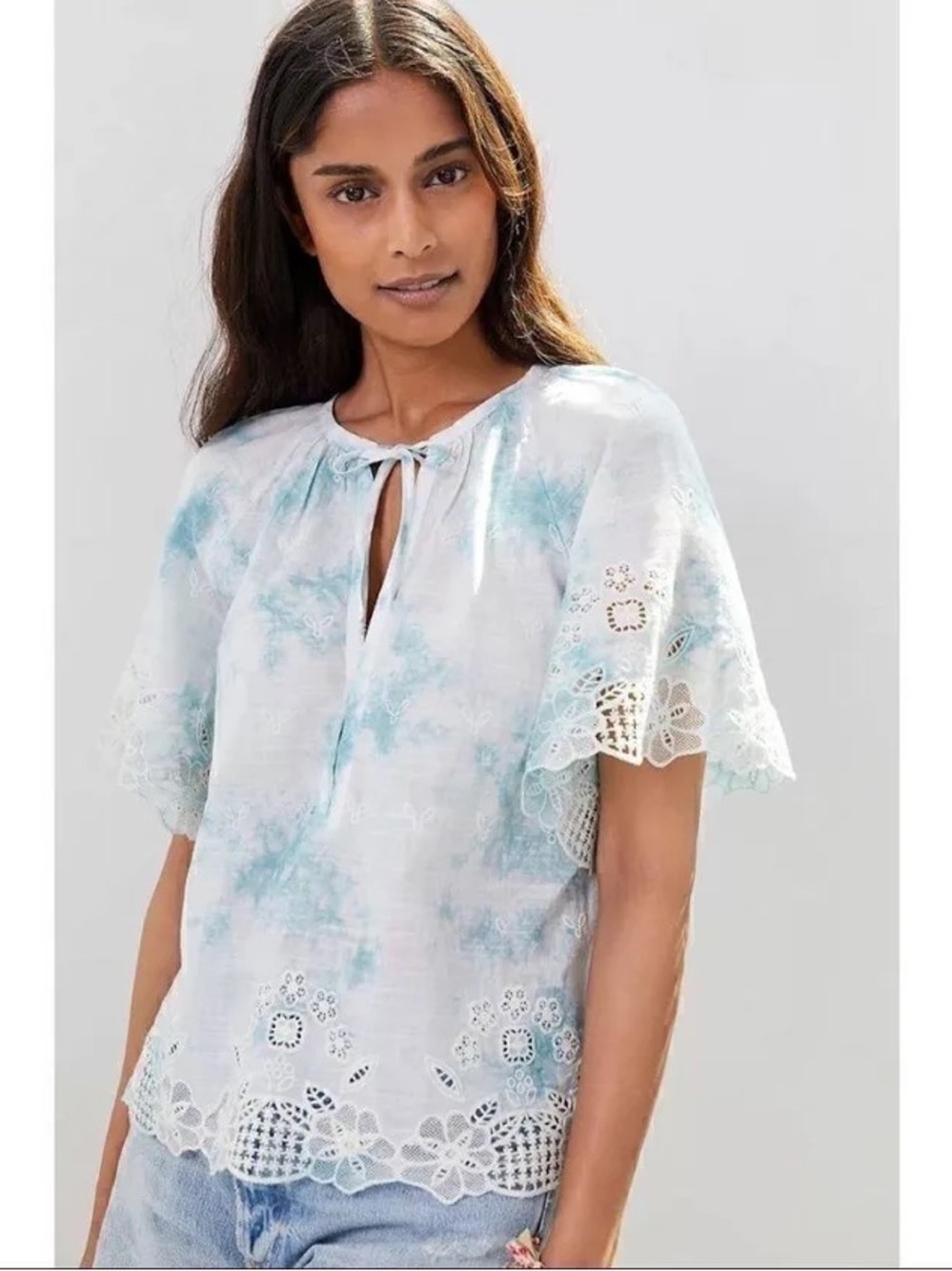 Anthropologie T.La Light Blue Tie-Dye Eyelet Lace Peasant Blouse NWT SZ M